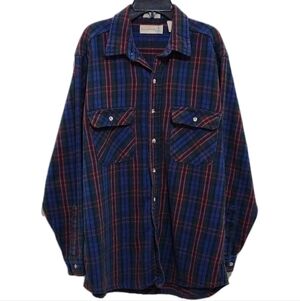 Vtg Sears Mens L Fieldmaster Heavyweight Cotton Flannel Shirt Blue Plaid